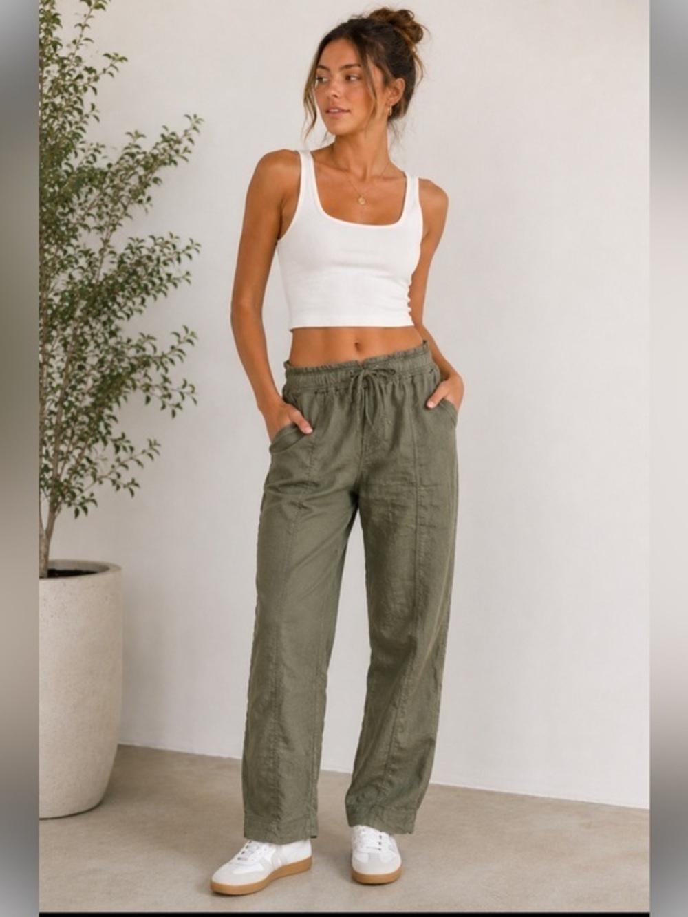 Linen blend Sanctuary Social Standard Olive Green Pants Small Boho Drawstring